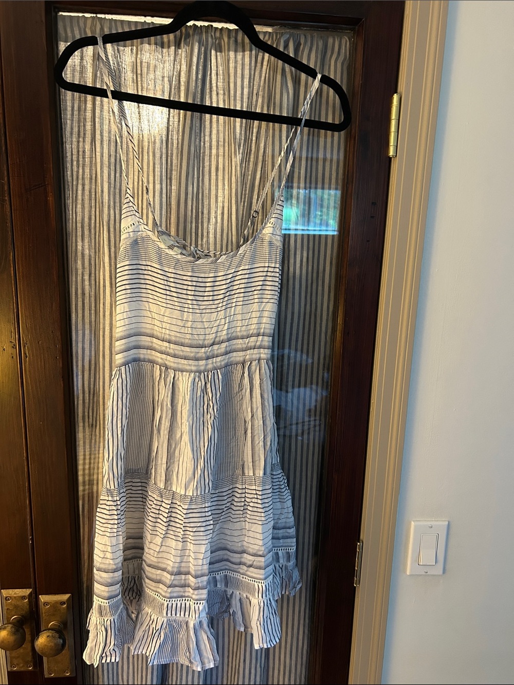 Anthropologie Striped White and Light Blue Tiered Spaghetti-Strap Mini Dress